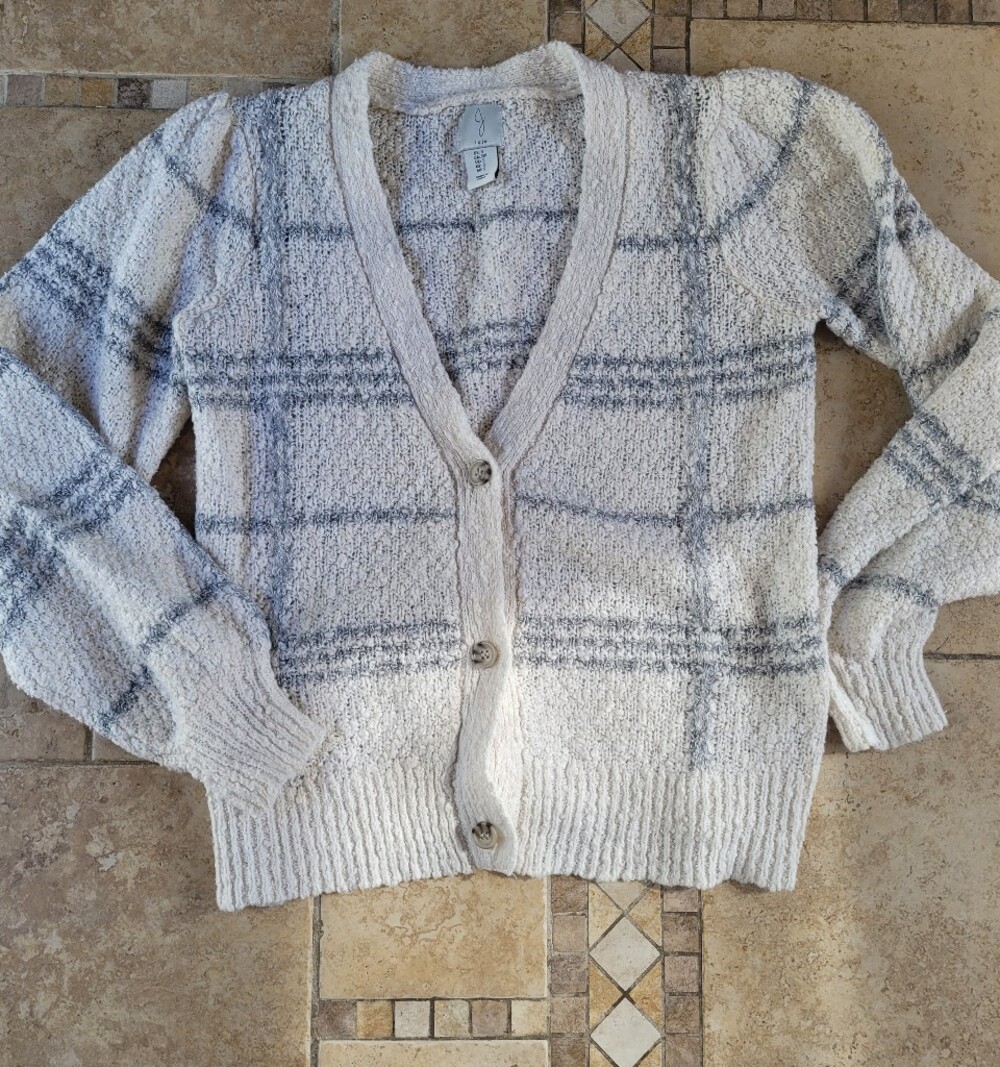Joie Cozy V-Neck Plaid Cardigan Sweater - Cream & Gray